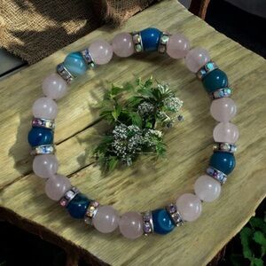 Rose Quartz and Blue Agate Semi-Precious Stones  Hand Crafted  Bracelet